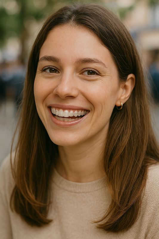 Femme souriante avec taquets et aligneurs invisibles discrets