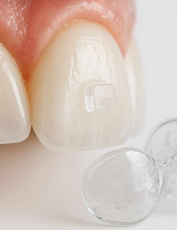 Taquet dentaire transparent sur incisive avec gouttière d'alignement