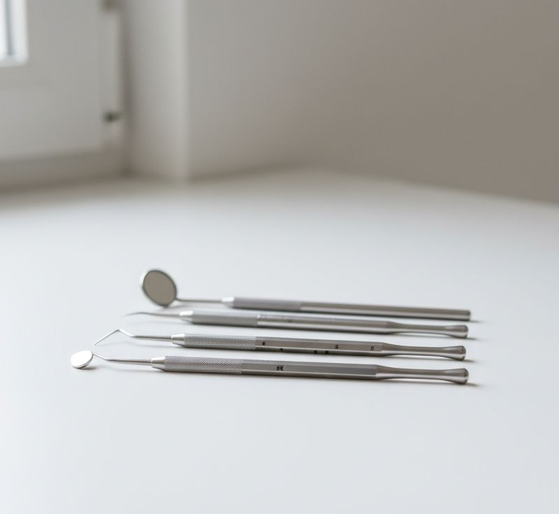 Outils d’examen dentaire posés sur table blanche