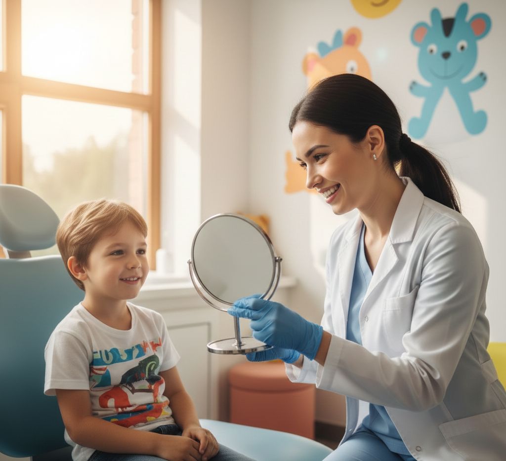 Enfant découvrant son sourire lors d'une consultation orthodontique