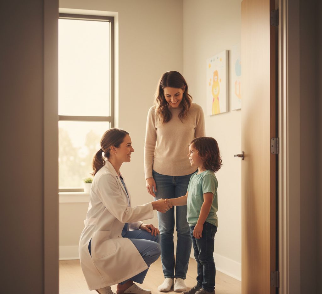 Orthodontiste accueillant un enfant et son parent au cabinet