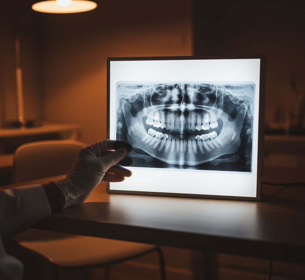 Radiographie panoramique dentaire analysée sur un négatoscope