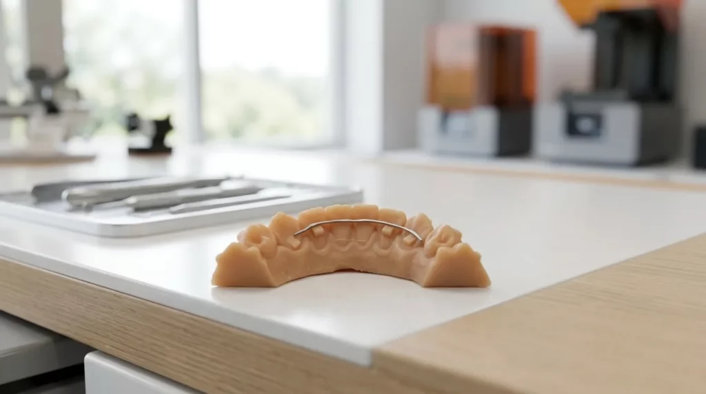 Modèle dentaire imprimé en 3D avec fil de contention dans un laboratoire d'orthodontie