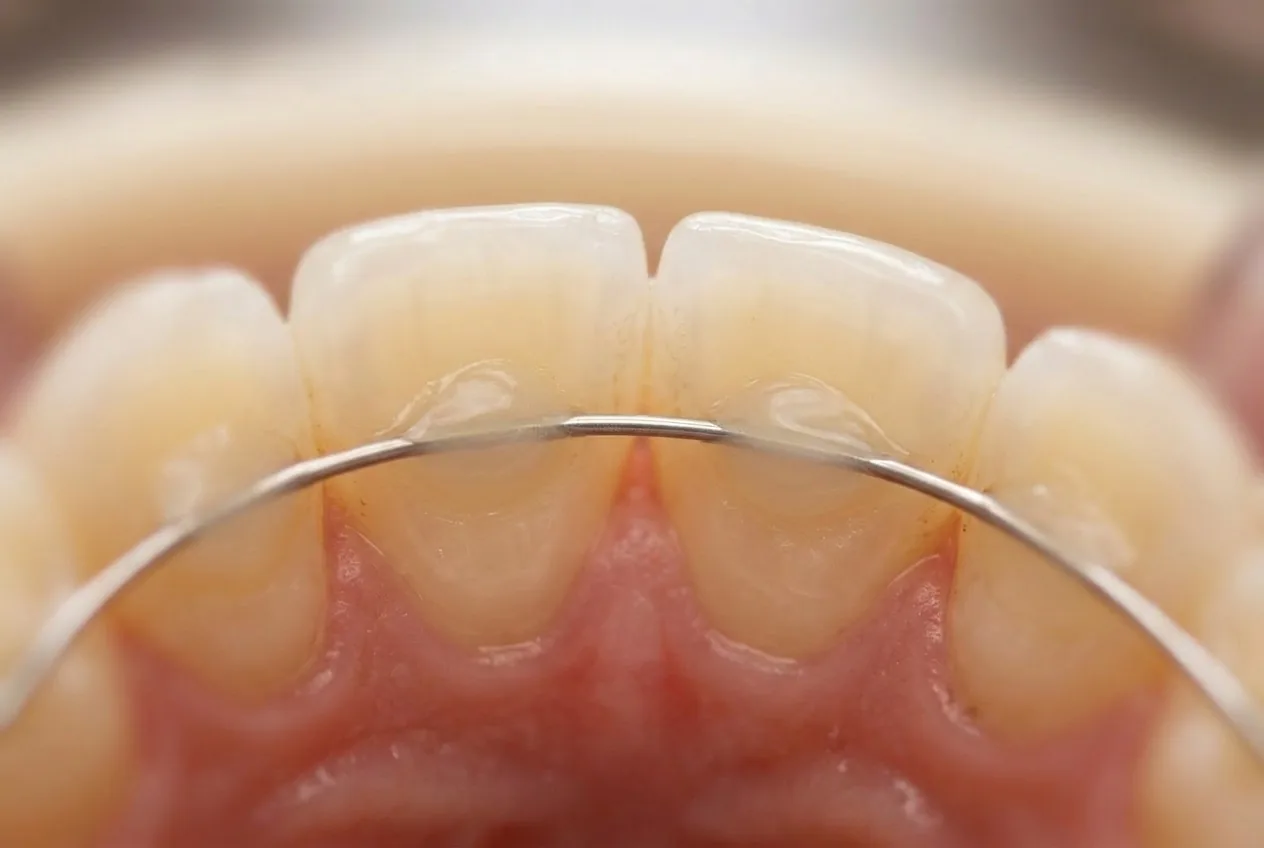 Plots de composite fixant le fil de contention sur la face interne des dents